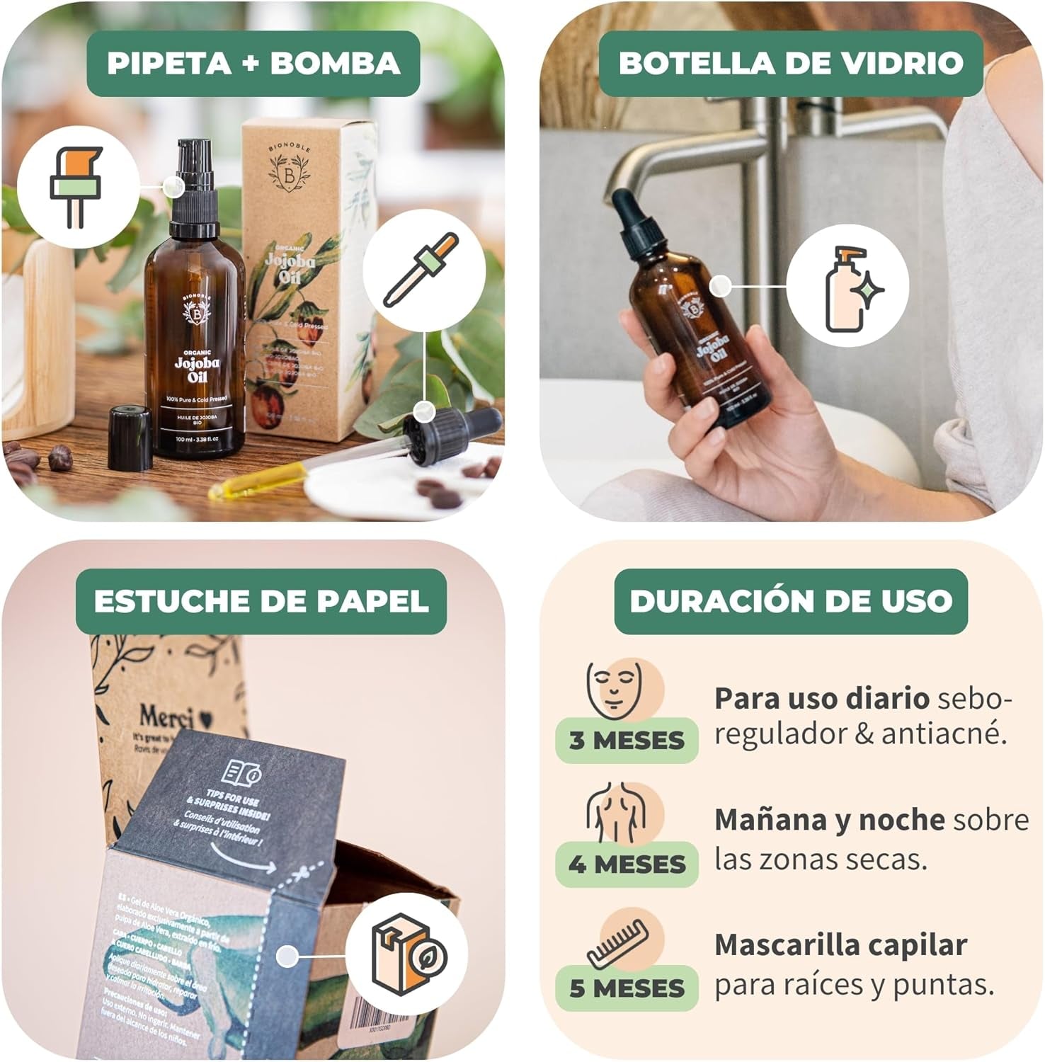 BIONOBLE Aceite De Jojoba 100 Puro Y Natural, Orgánico, Prensado En Frío - Equilibra El Sebo, anti Imperfecciones - Aceite Pelo, Piel, Uñas - Organic Jojoba Oil - Botella Vidrio, Bomba, Pipeta - 100Ml
